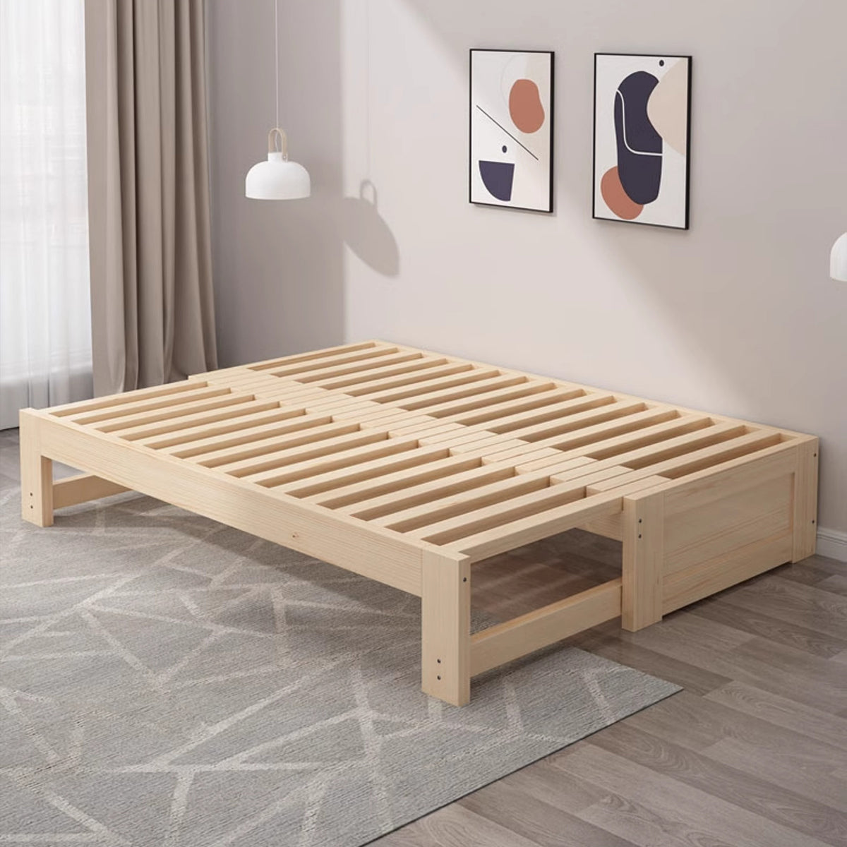 Versatile solid wood extendable bed front view with folding design