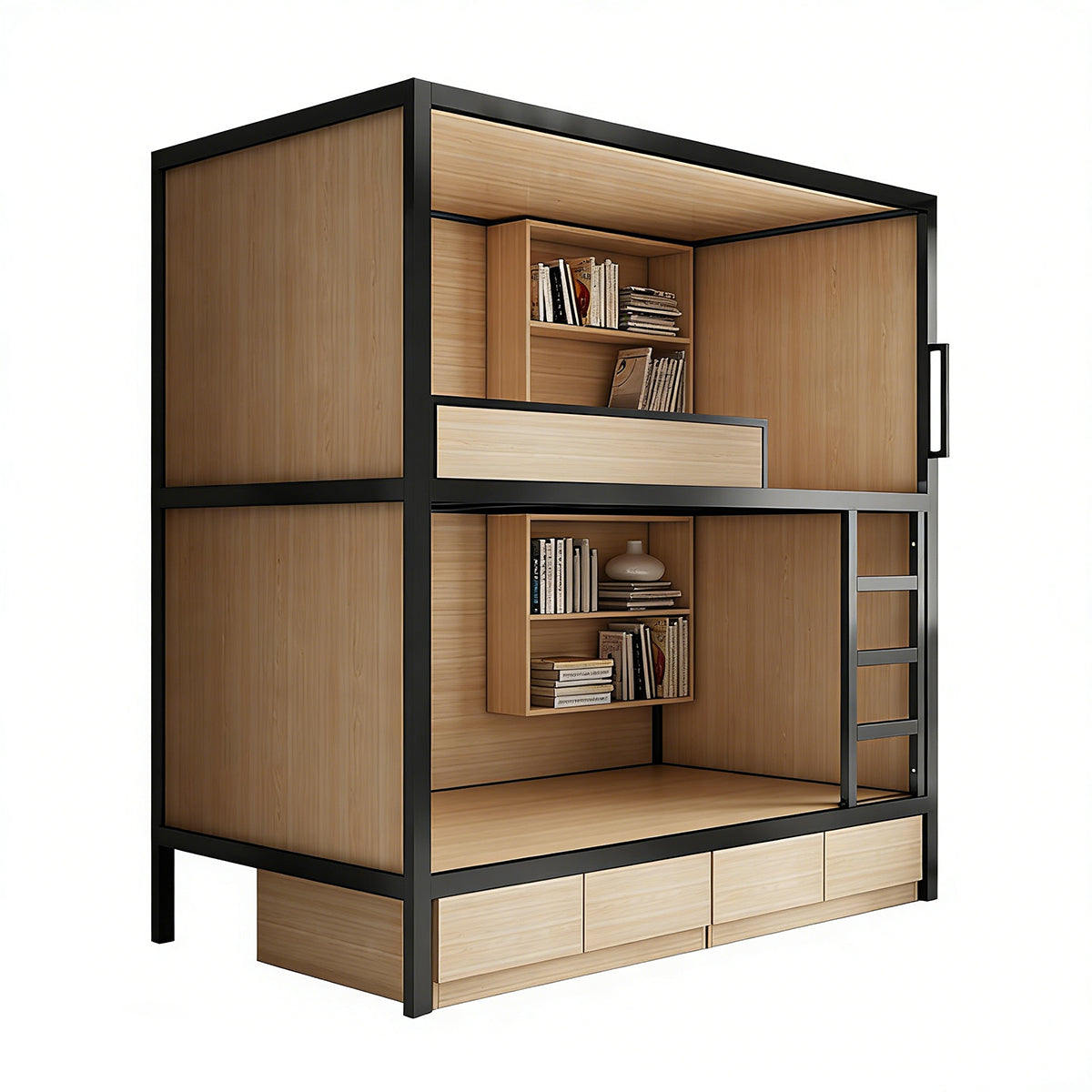Multi-functional solid wood bunk bed in steel-wood color option