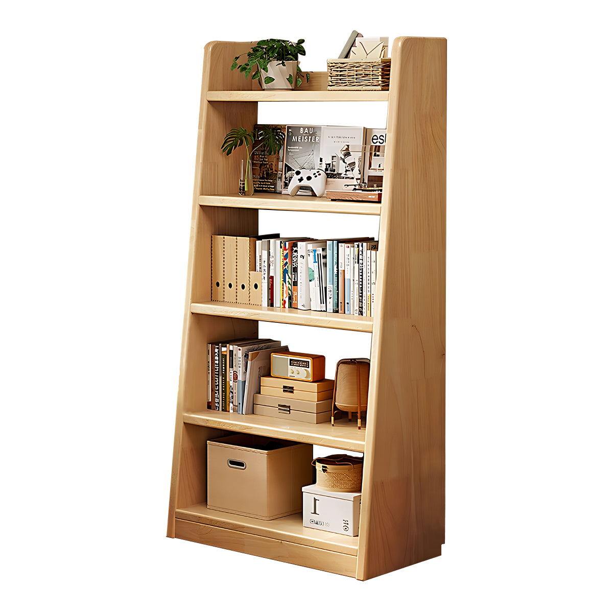 Minimalist Pine Wood Bookshelf Modern Storage Stable Design Trapezoidal