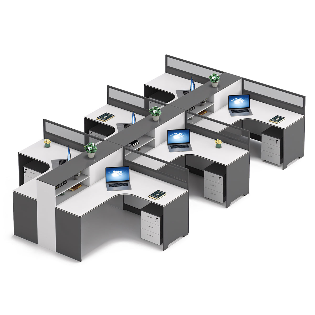 Modern L-Shaped Office Desk with Integrated Shelving & Partition Panels