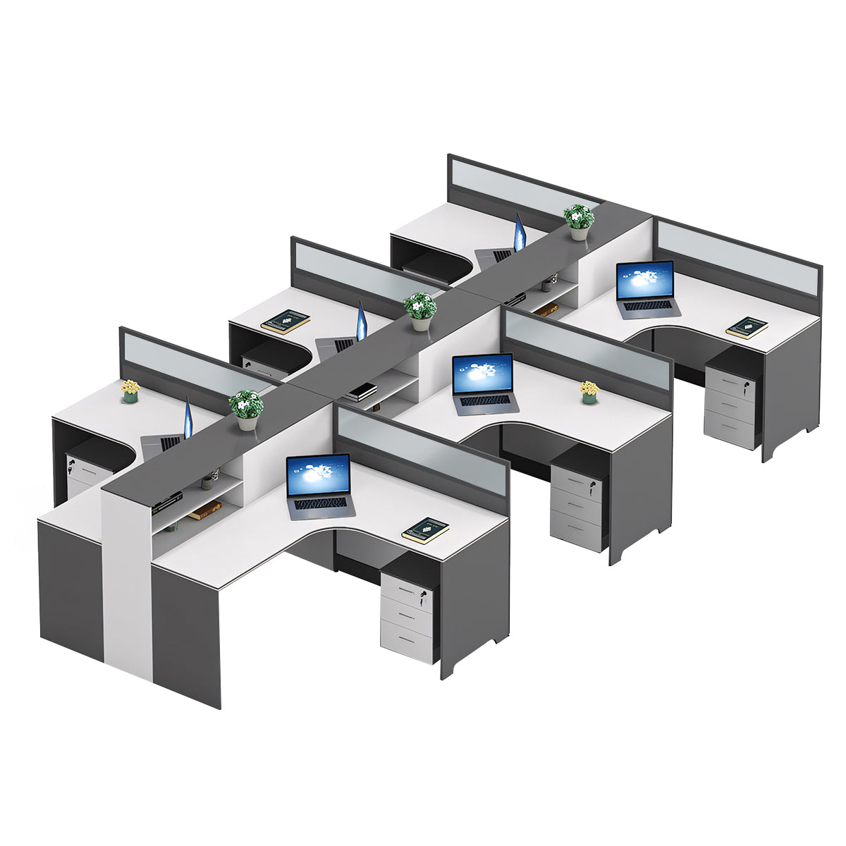 Modern L-Shaped Office Desk with Integrated Shelving & Partition Panels