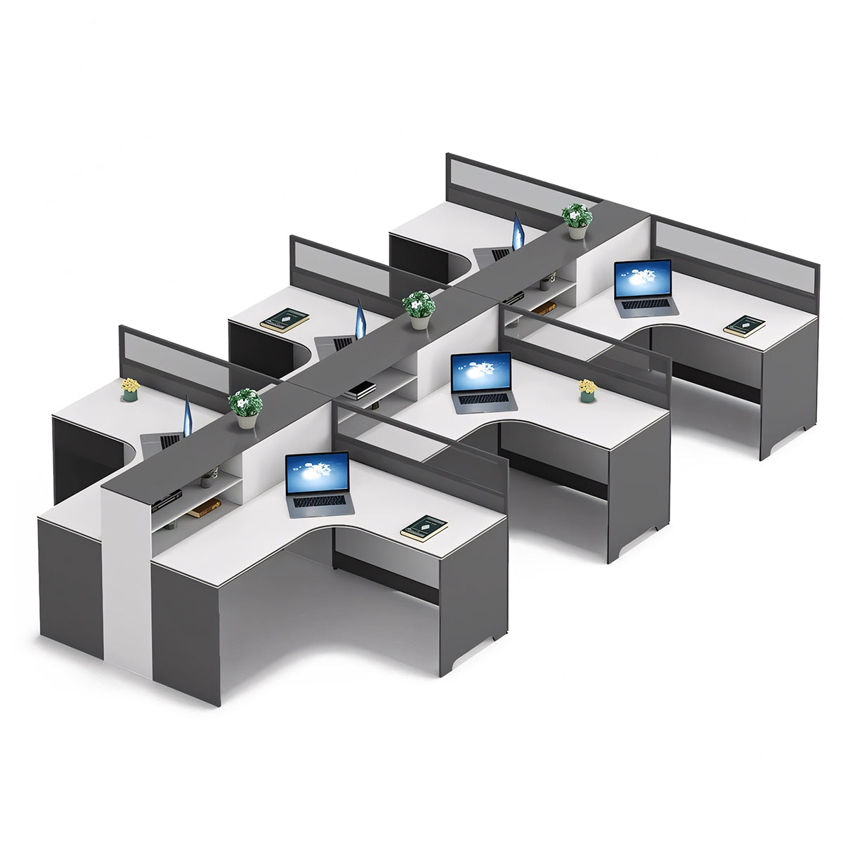 Modern L-Shaped Office Desk with Integrated Shelving & Partition Panels