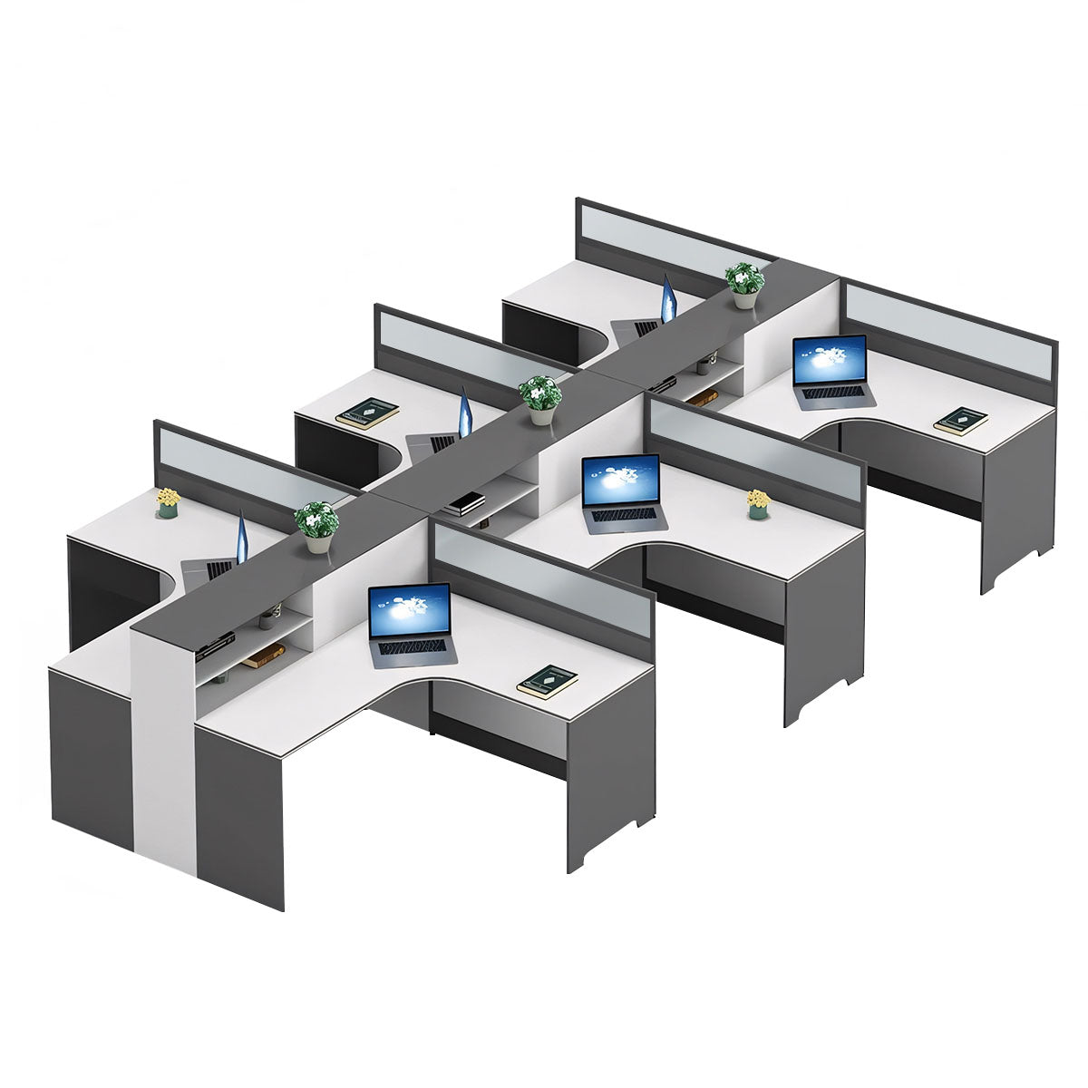 Modern L-Shaped Office Desk with Integrated Shelving & Partition Panels
