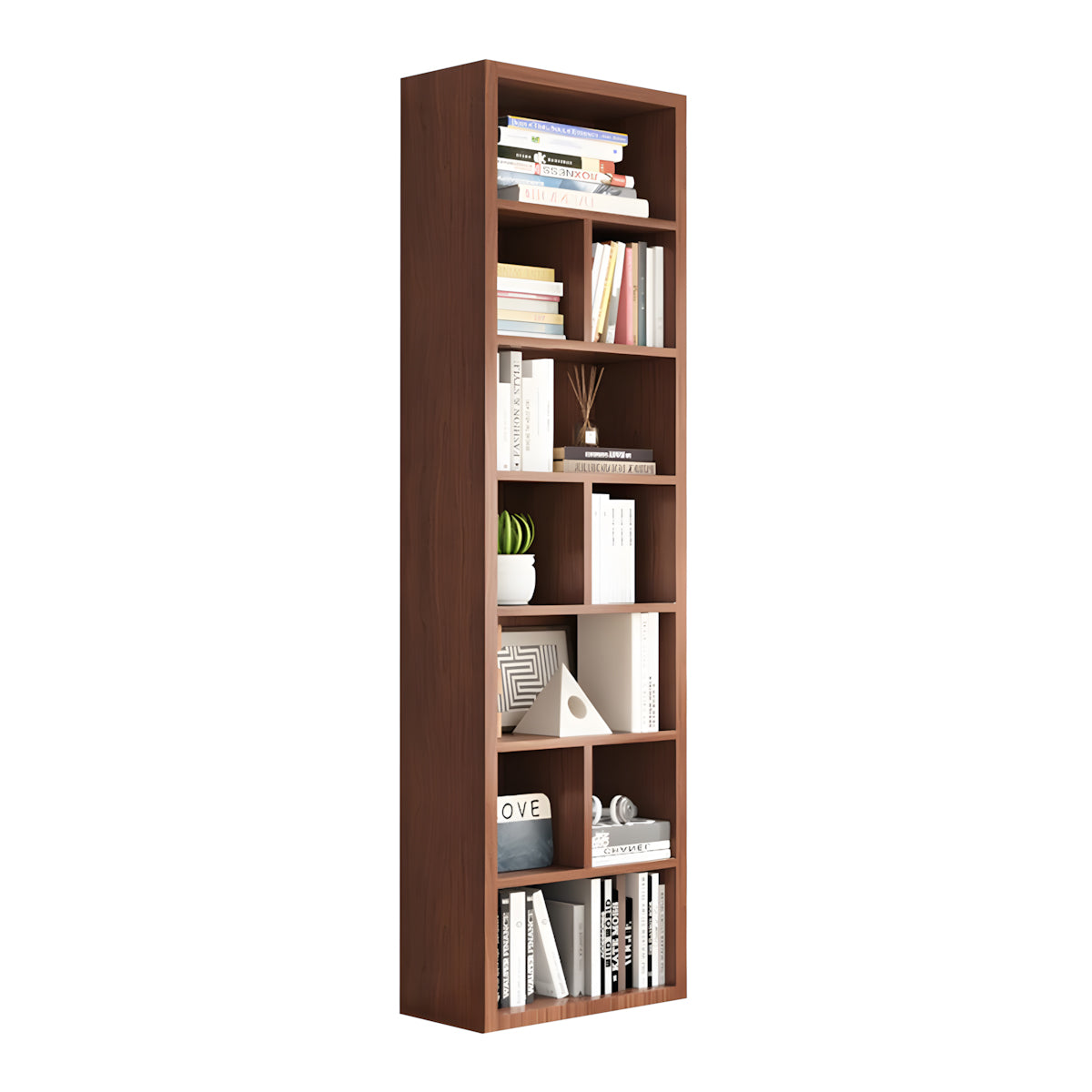 Bookshelf, Walnut Single Bookcase 7-Tier 10-Cube, Walnut finish, L24" x W12" x H83", for office storage space, office storage furniture