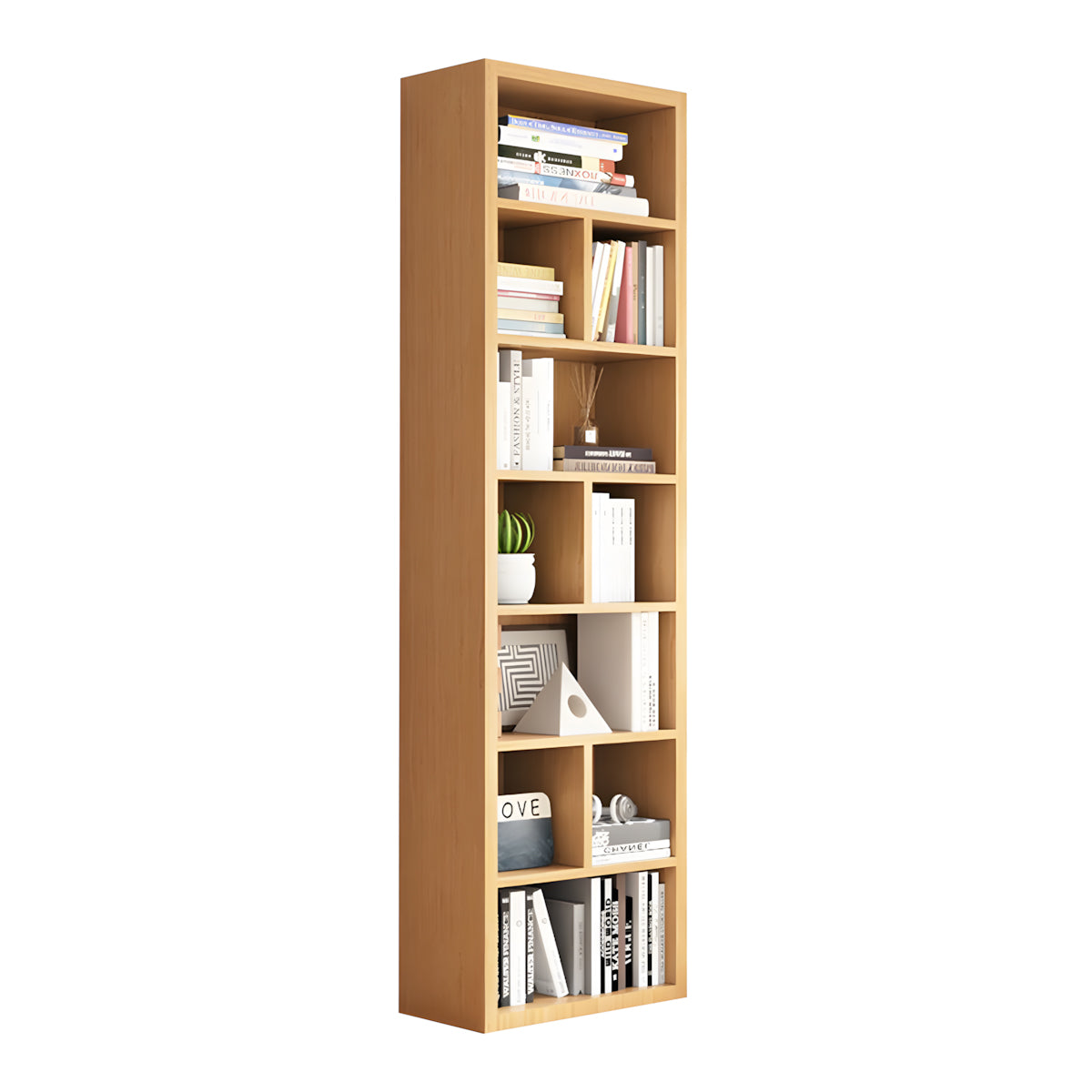 Bookshelf, Natural Single Bookcase 7-Tier 10-Cube, Natural finish, L24" x W12" x H83", for office storage space, office storage furniture