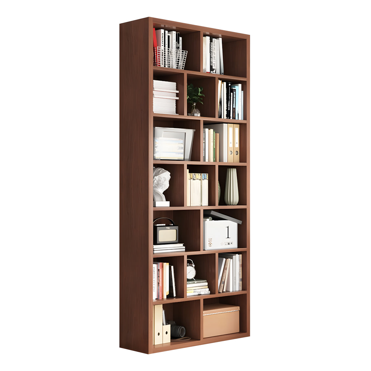 Bookshelf, Walnut Single Bookcase 7-Tier 17-Cube, Walnut finish, L35" x W12" x H83", for office storage space, office storage furniture