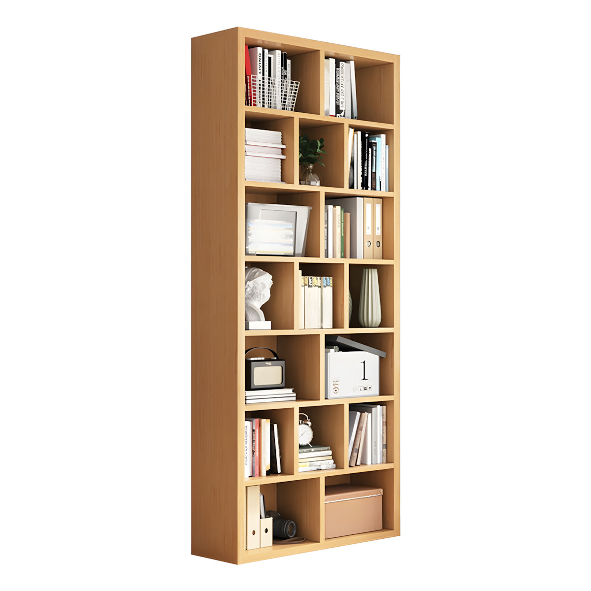 Bookshelf, Natural Single Bookcase 7-Tier 17-Cube, Natural finish, L35" x W12" x H83", for office storage space, office storage furniture