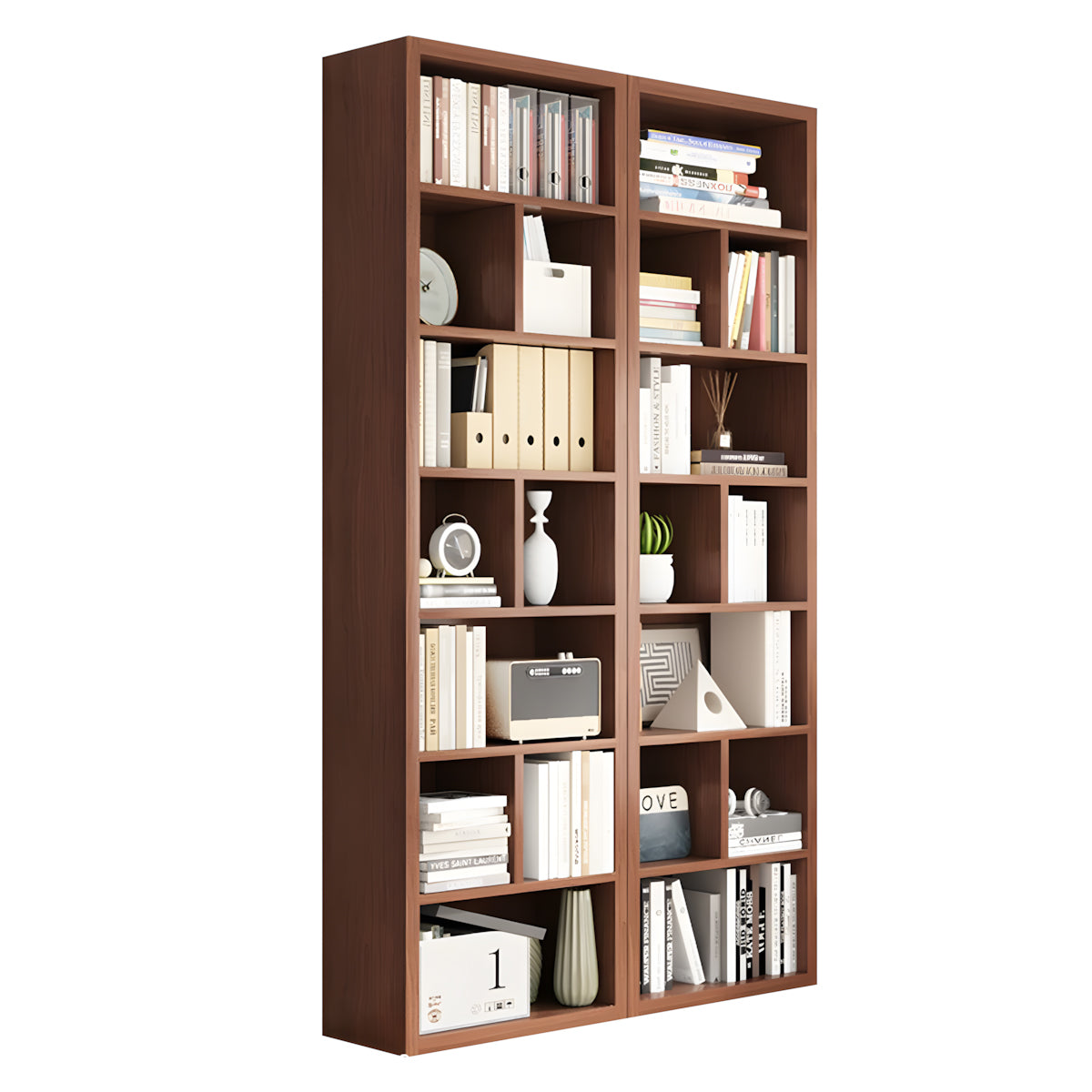 Bookshelf, Walnut Modular Bookcase 7-Tier 20-Cube, Walnut finish, L47" x W12" x H83", for office storage space, office storage furniture