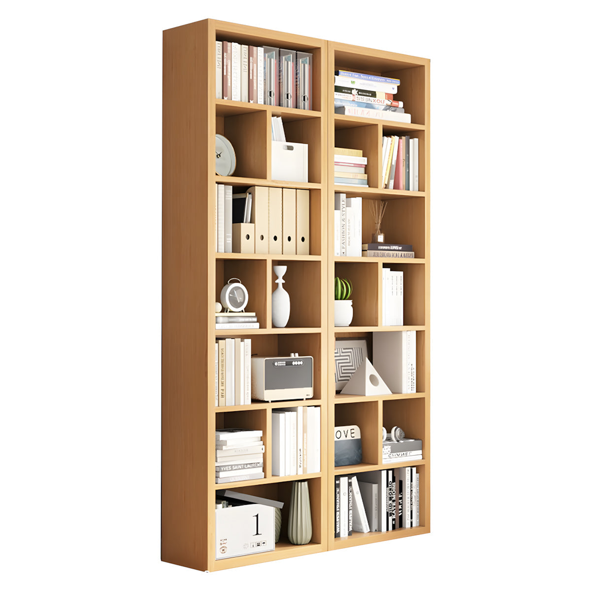 Bookshelf, Natural Modular Bookcase 7-Tier 20-Cube, Natural finish, L47" x W12" x H83", for office storage space, office storage furniture