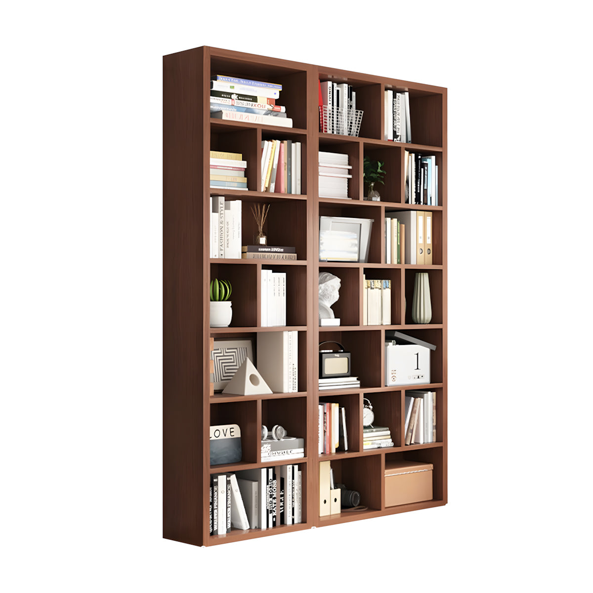 Bookshelf, Walnut Modular Bookcase 7-Tier 27-Cube, Walnut finish, L59" x W12" x H83", for office storage space, office storage furniture