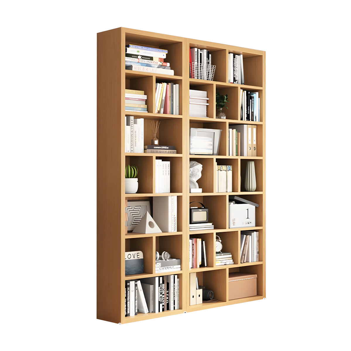 Bookshelf, Natural Modular Bookcase 7-Tier 27-Cube, Natural finish, L59" x W12" x H83", for office storage space, office storage furniture