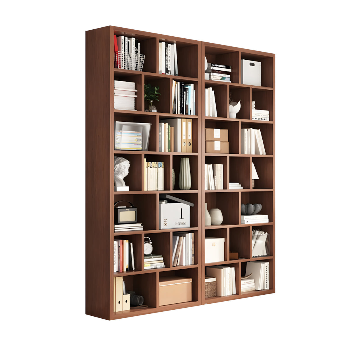 Bookshelf, Walnut Modular Bookcase 7-Tier 34-Cube, Walnut finish, L71" x W12" x H83", for office storage space, office storage furniture
