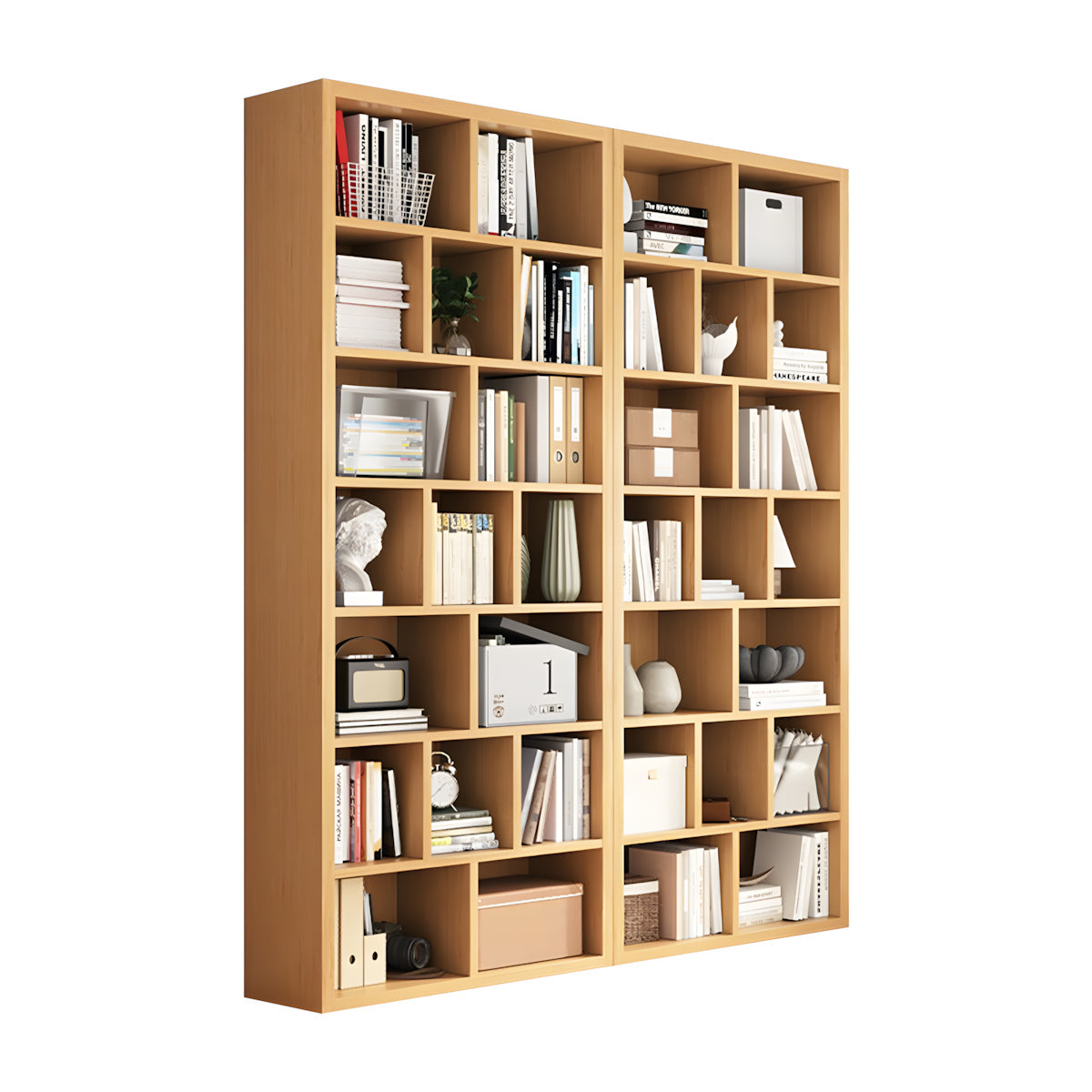 Bookshelf, Natural Modular Bookcase 7-Tier 34-Cube, Natural finish, L71" x W12" x H83", for office storage space, office storage furniture