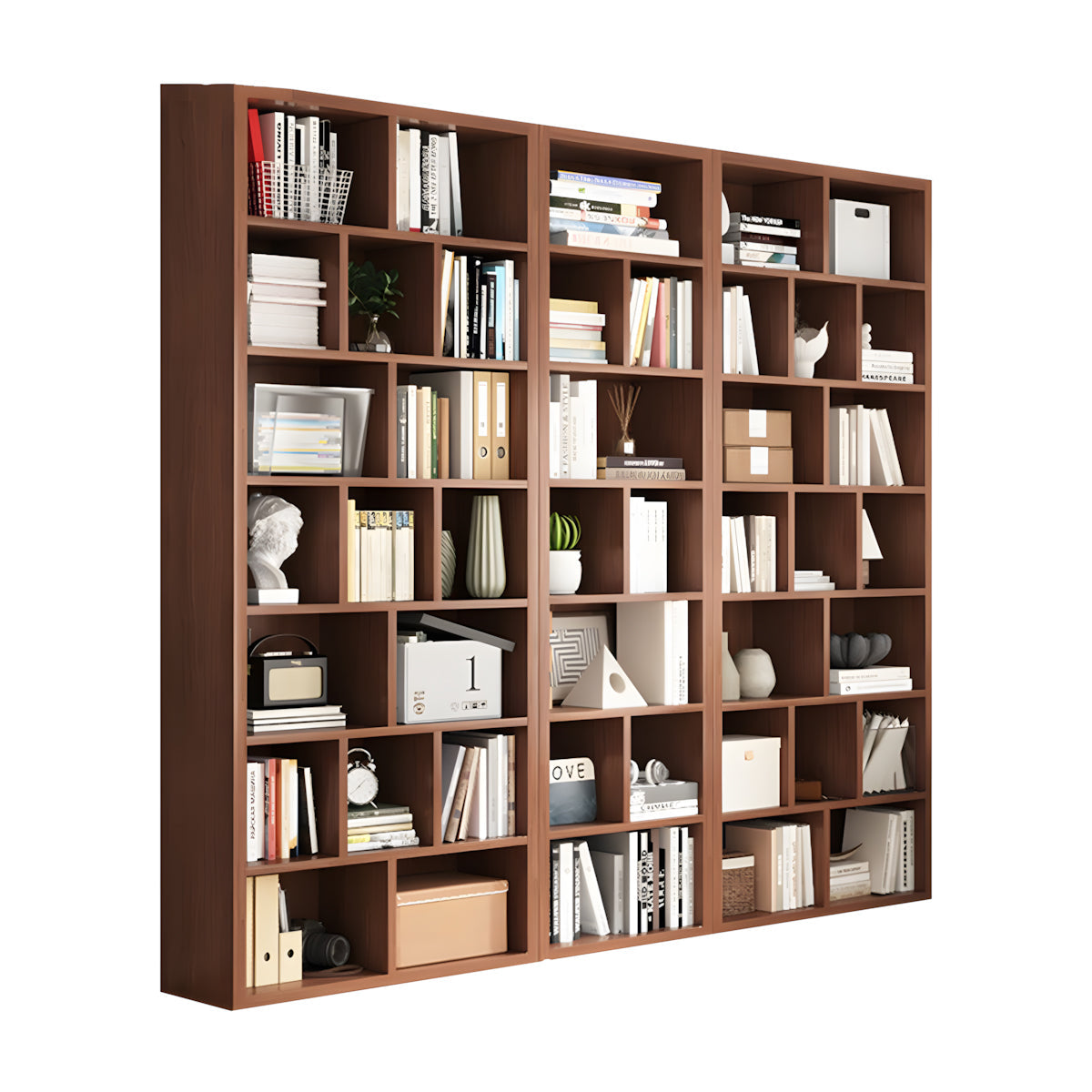 Bookshelf, Walnut Modular Bookcase 7-Tier 44-Cube, Walnut finish, L94" x W12" x H83", for office storage space, office storage furniture