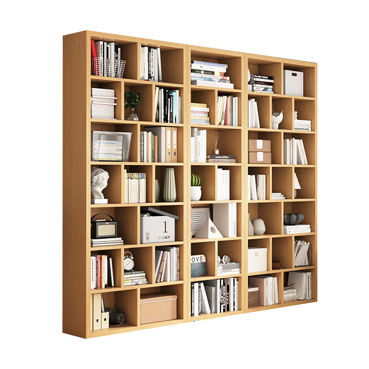 Bookshelf, Natural Modular Bookcase 7-Tier 44-Cube, Natural finish, L94" x W12" x H83", for office storage space, office storage furniture