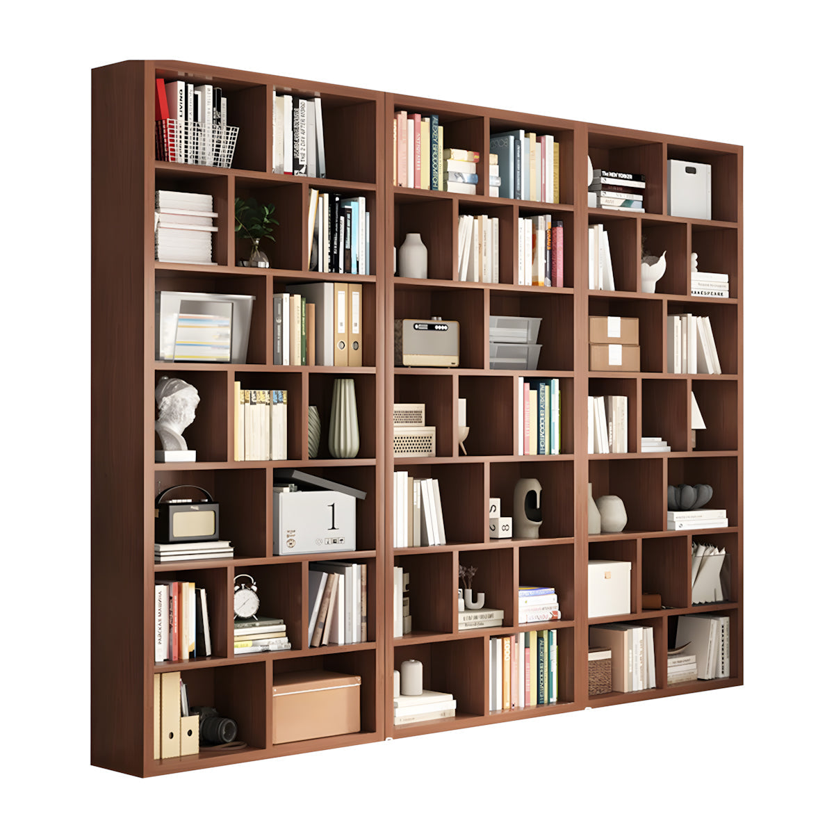 Bookshelf, Walnut Modular Bookcase 7-Tier 51-Cube, Walnut finish, L106" x W12" x H83", for office storage space, office storage furniture