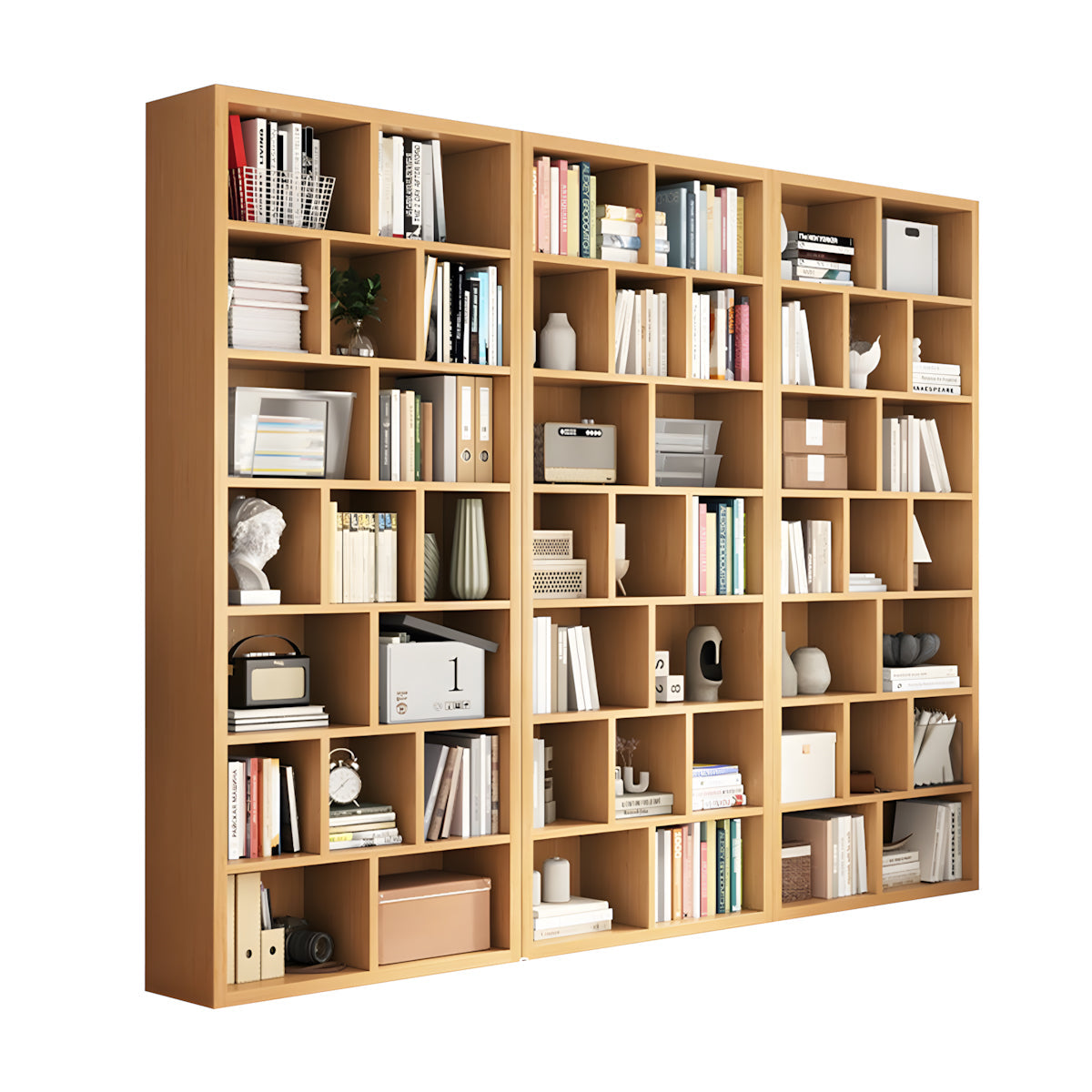 Bookshelf, Natural Modular Bookcase 7-Tier 51-Cube, Natural finish, L106" x W12" x H83", for office storage space, office storage furniture