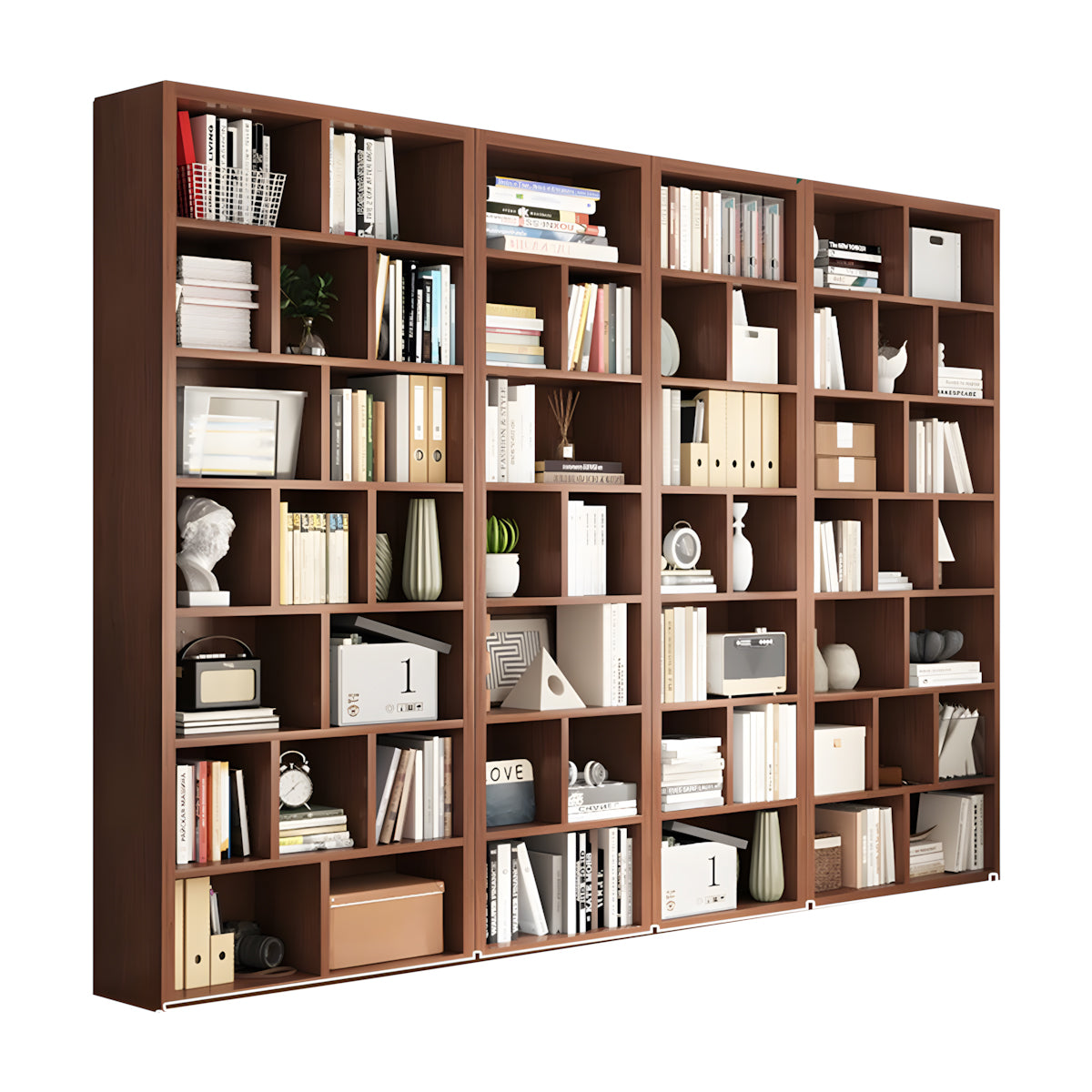 Bookshelf, Walnut Modular Bookcase 7-Tier 54-Cube, Walnut finish, L118" x W12" x H83", for office storage space, office storage furniture
