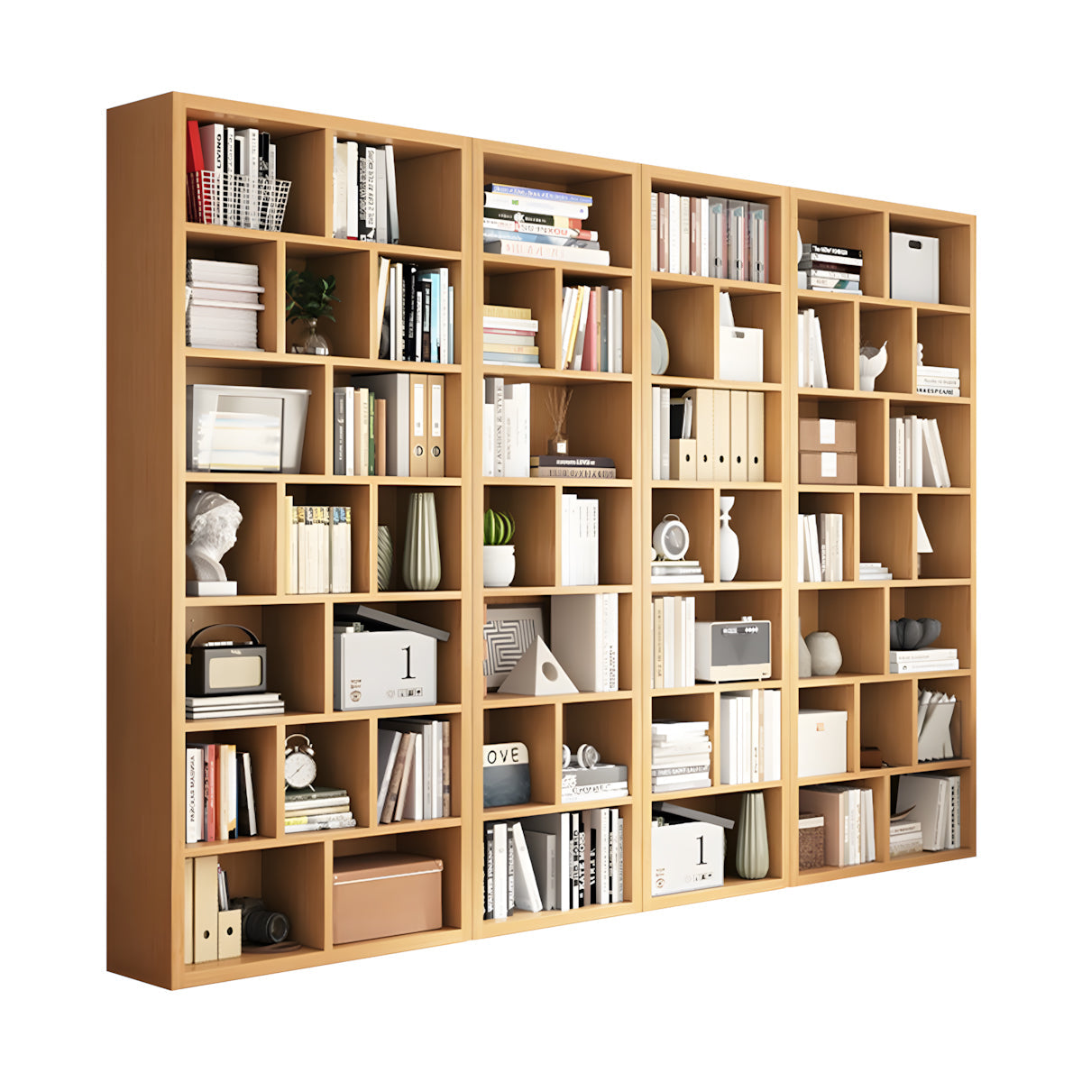 Bookshelf, Natural Modular Bookcase 7-Tier 54-Cube, Natural finish, L118" x W12" x H83", for office storage space, office storage furniture