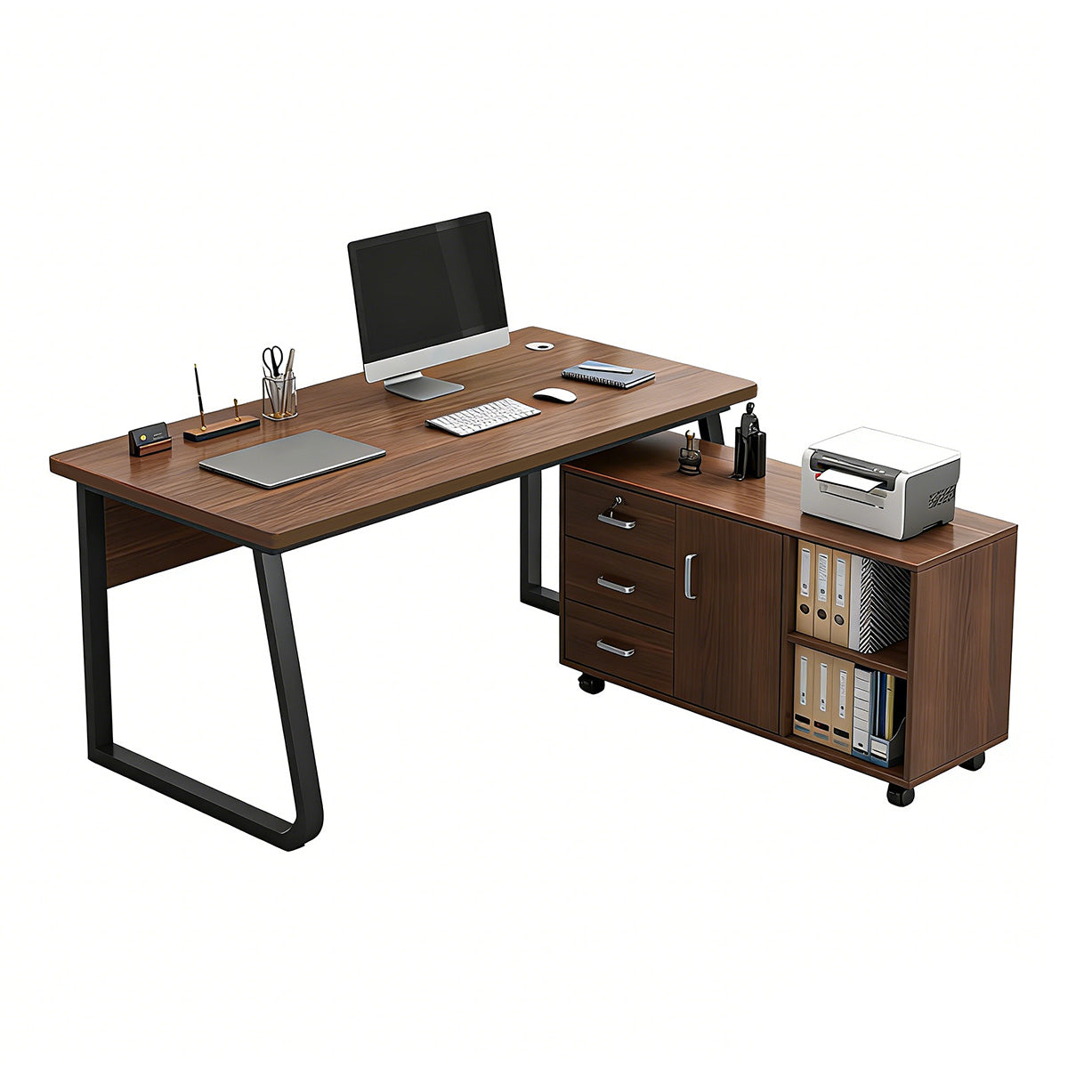 Sturdy Office Desk with Mobile Side Cabinet and Steel Legs for Workspace