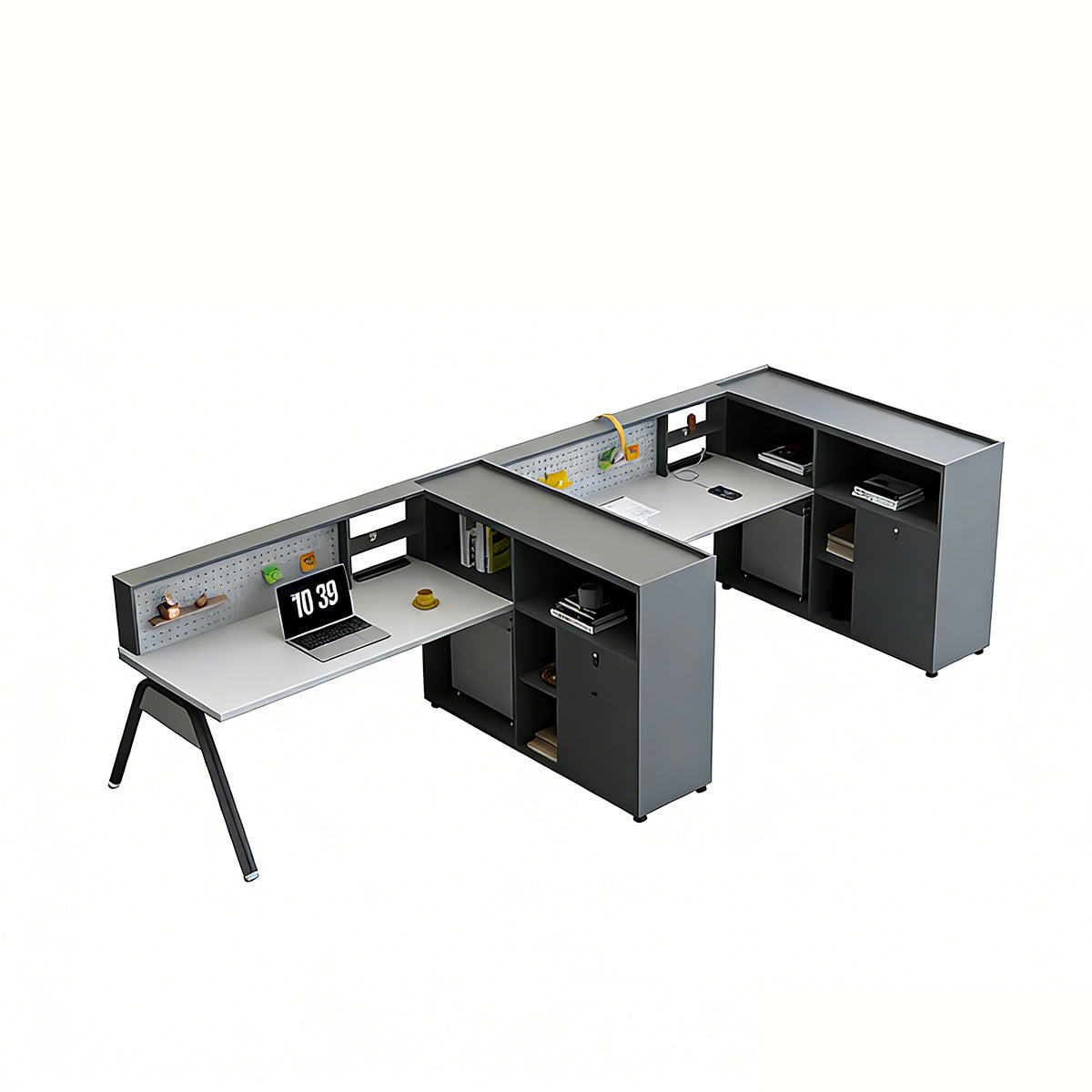 Sleek Office Desk with Integrated Power, Storage & Pegboard