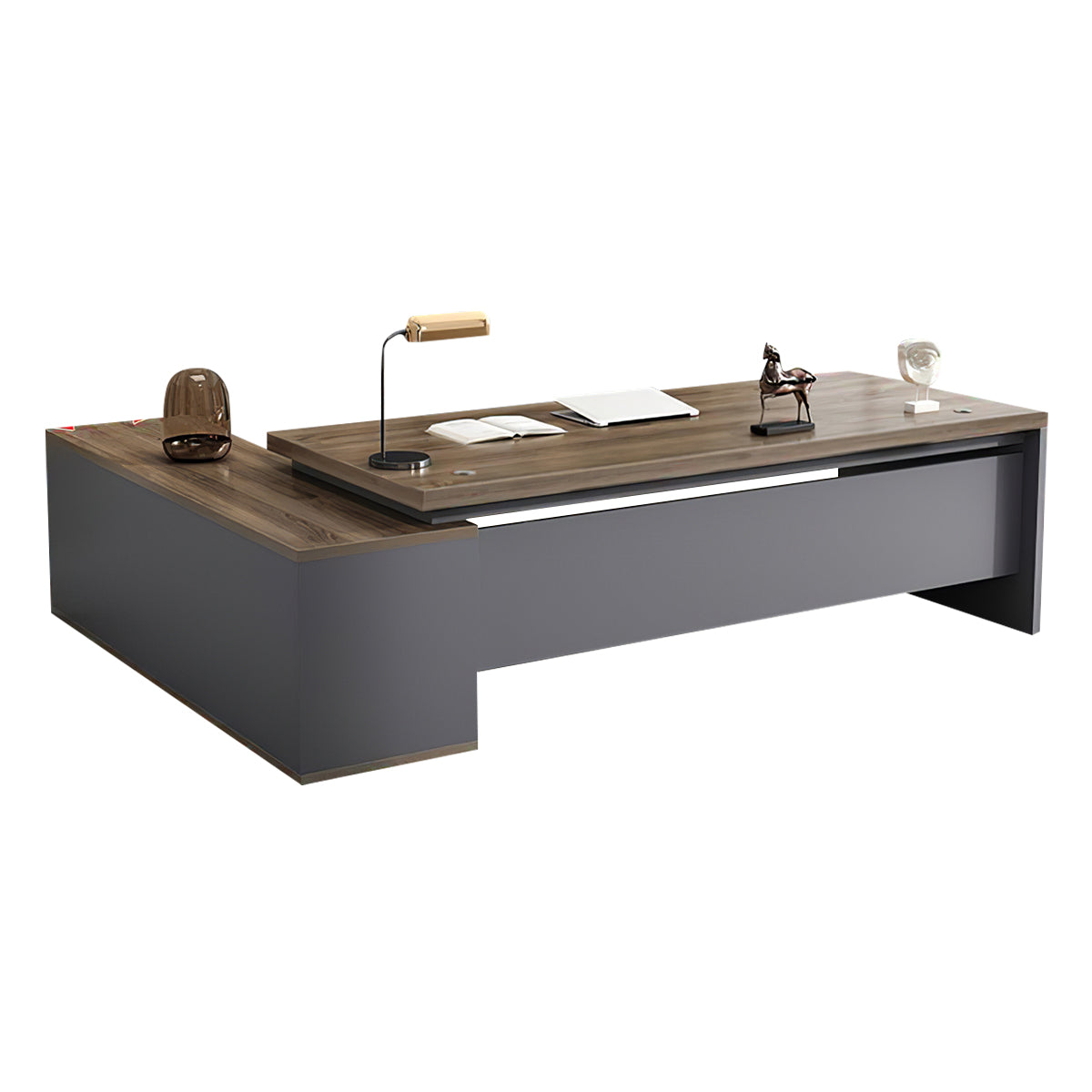 Modern L-Shaped Wood Grain Executive Desk with Storage Side Cabinet
