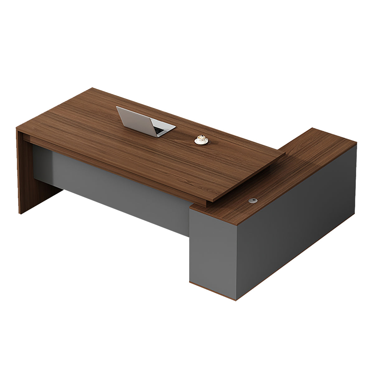 L-Shaped Executive Desk, left side cabinet configuration, Brown + Dark Gray finish, L47" x W47" x H30", for office workspace, executive office furniture