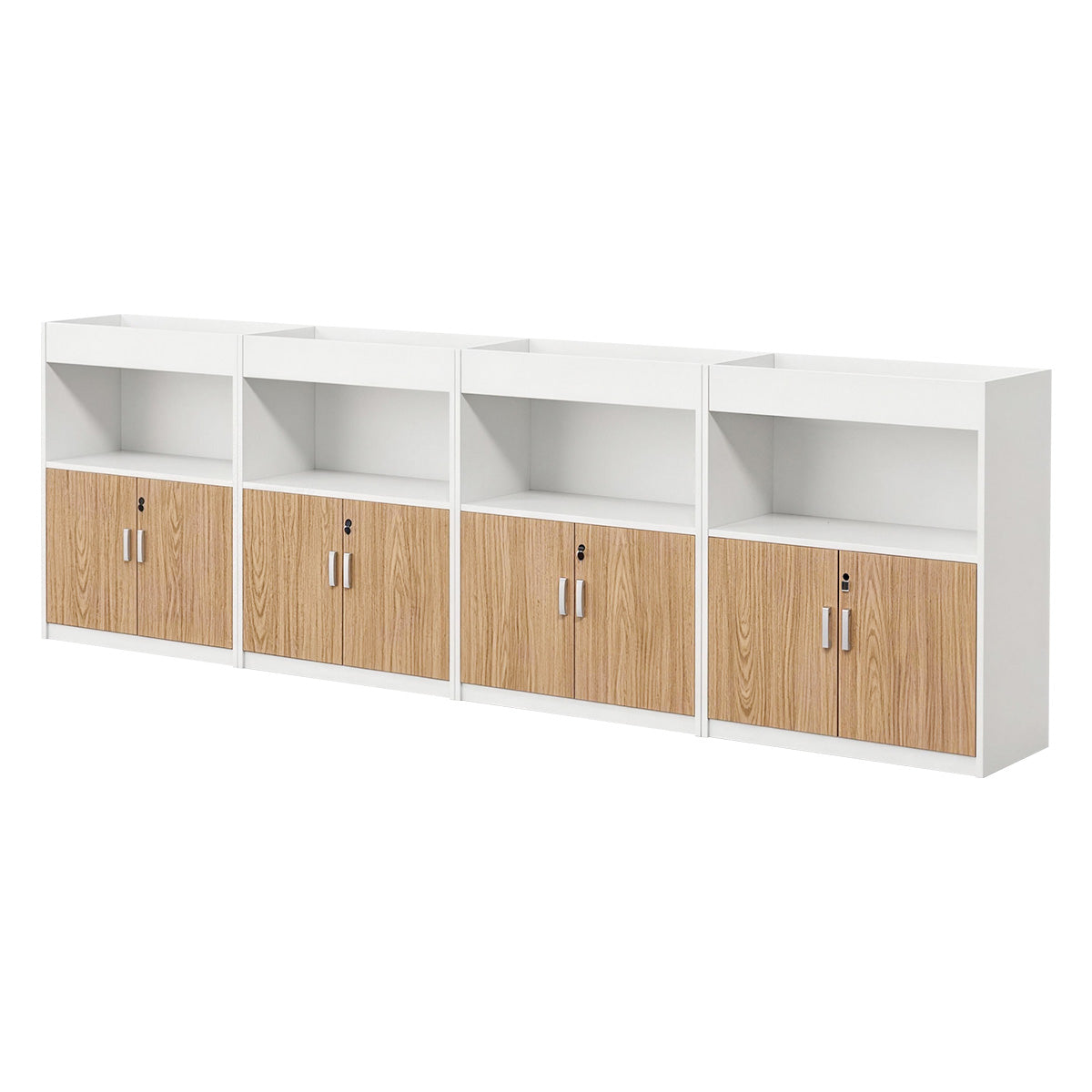 Scandinavian-Style Office Storage Cabinet with Open Cubbies and Wood-Tone Doors
