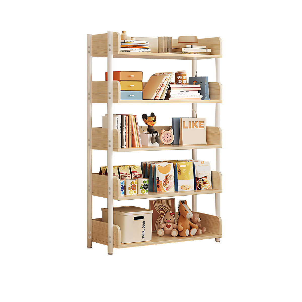 Minimalist Wood Bookshelf with Multi-Layer Storage and Anti-Fall Panels