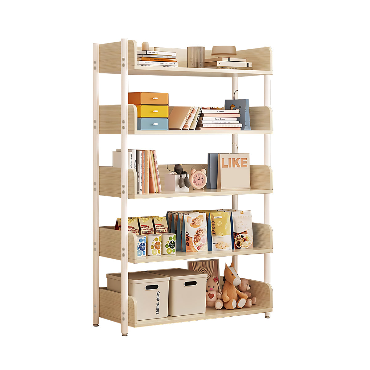 Minimalist Wood Bookshelf with Multi-Layer Storage and Anti-Fall Panels
