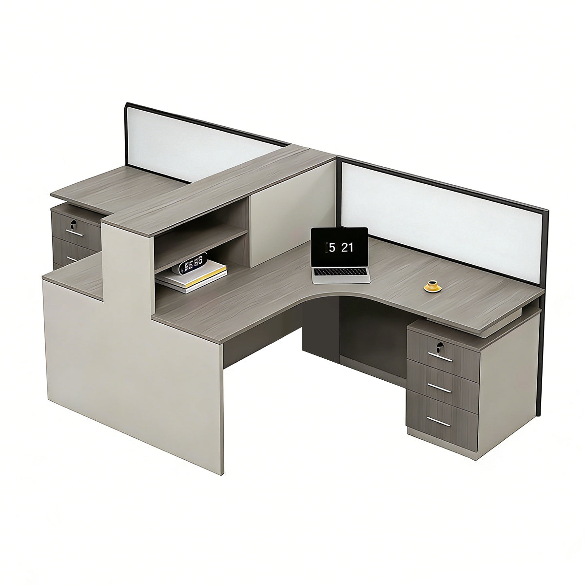 Minimalist Desk with Screen Dividers and High Cabinets
