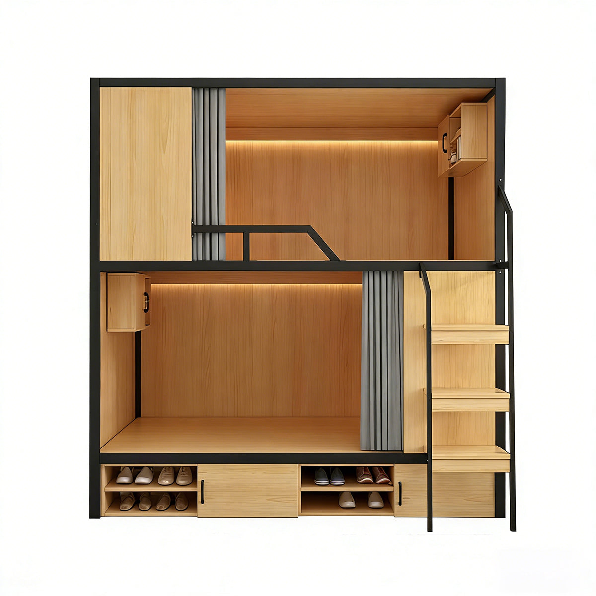 Multi-functional solid wood bunk bed in natural color steel-wood color option
