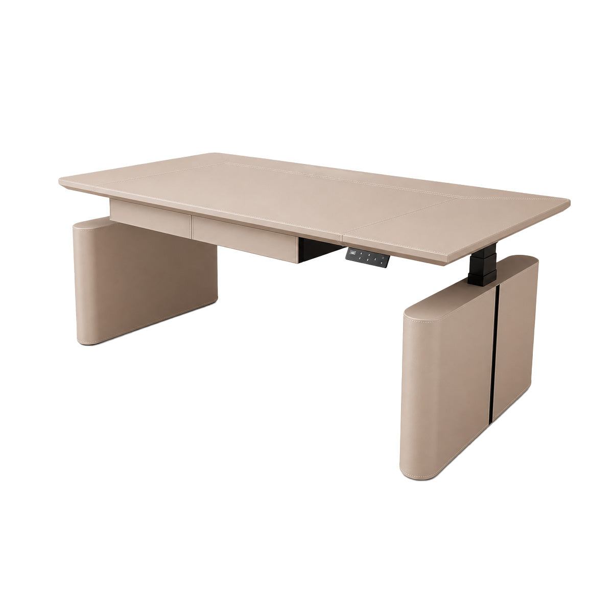 Electric Height-Adjustable Executive Desk with Power Hub and Saddle Leather Top