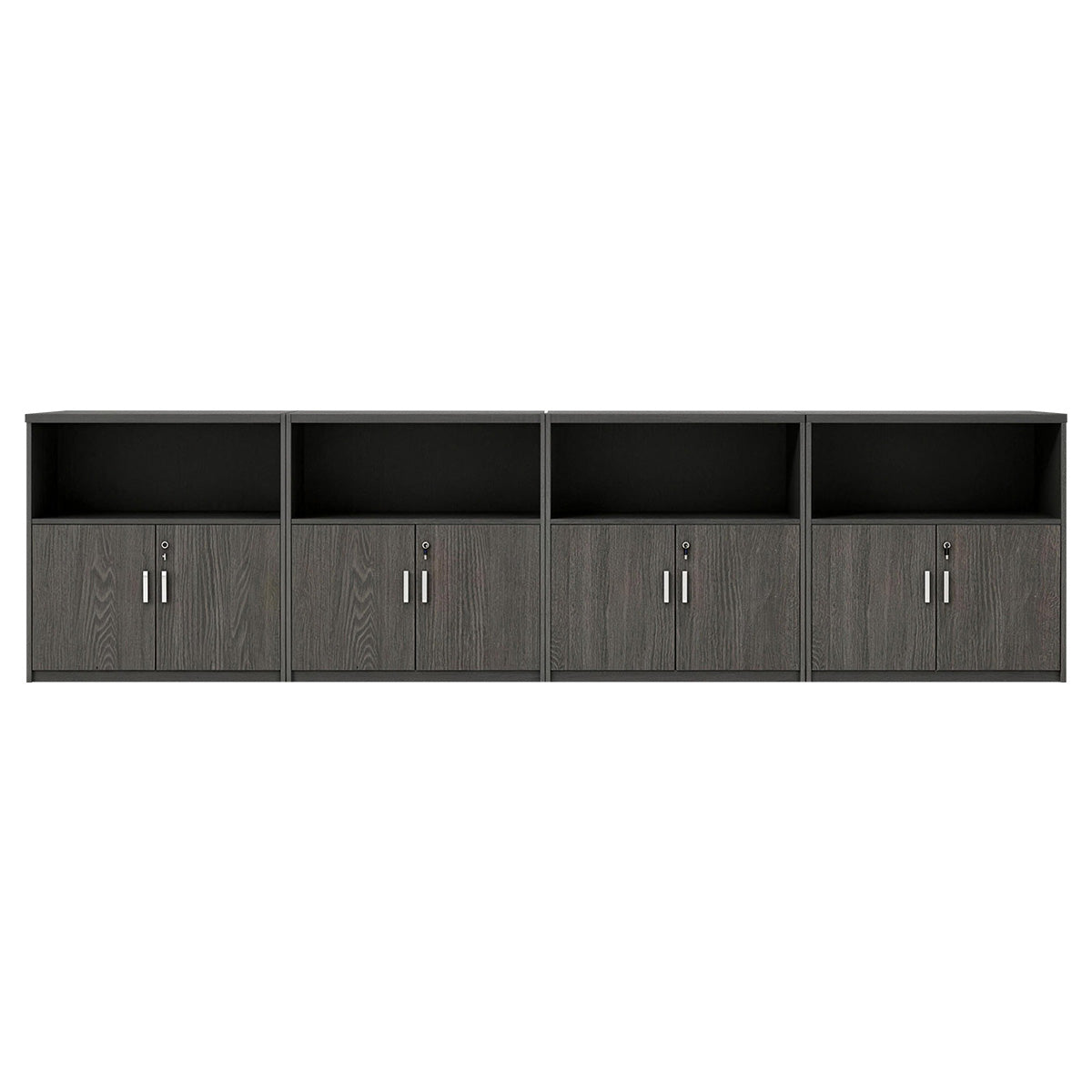 Scandinavian-Style Office Storage Cabinet with Open Cubbies and Wood-Tone Doors