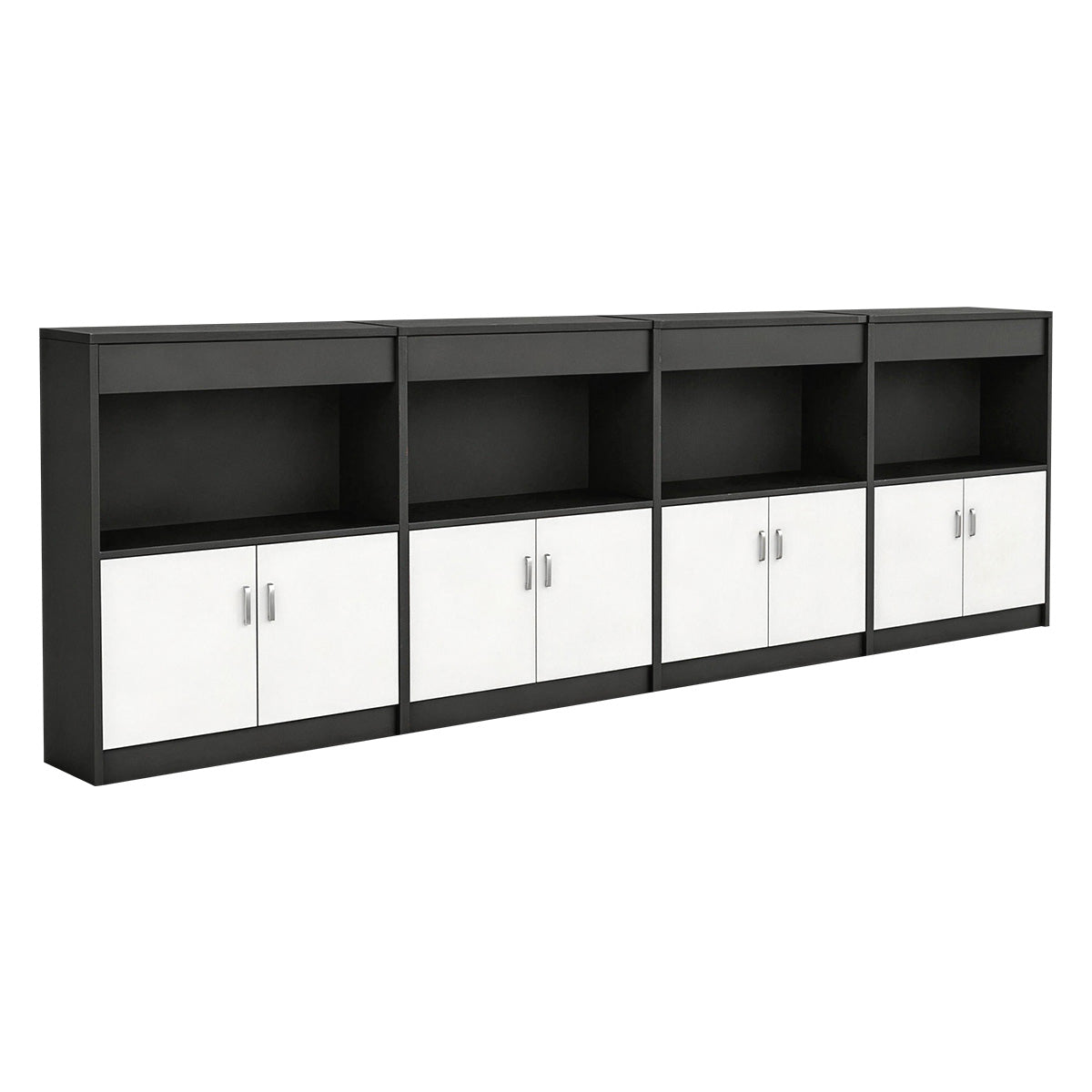 Scandinavian-Style Office Storage Cabinet with Open Cubbies and Wood-Tone Doors