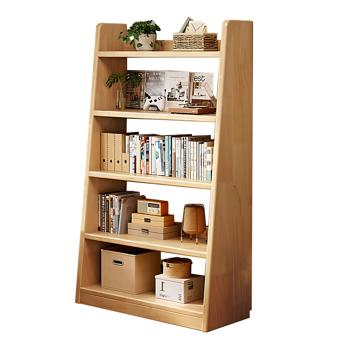 Minimalist Pine Wood Bookshelf Modern Storage Stable Design Trapezoidal