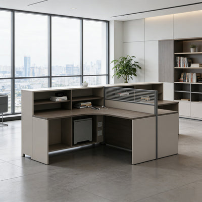 Anzhap L-Shaped Office Desk with Built-In Outlets, Cable Management and Glass Top for Home Office（Stock Items）