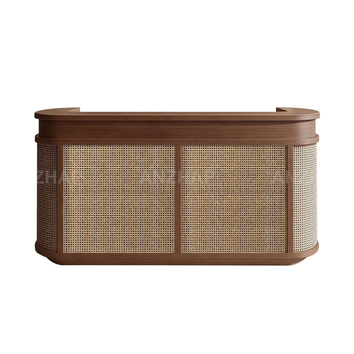 Vintage Curved Reception Desk 47–118 in Wide with File Drawers, Privacy Panel, Transaction Counter & Woven Rattan Detail（Stock Items）