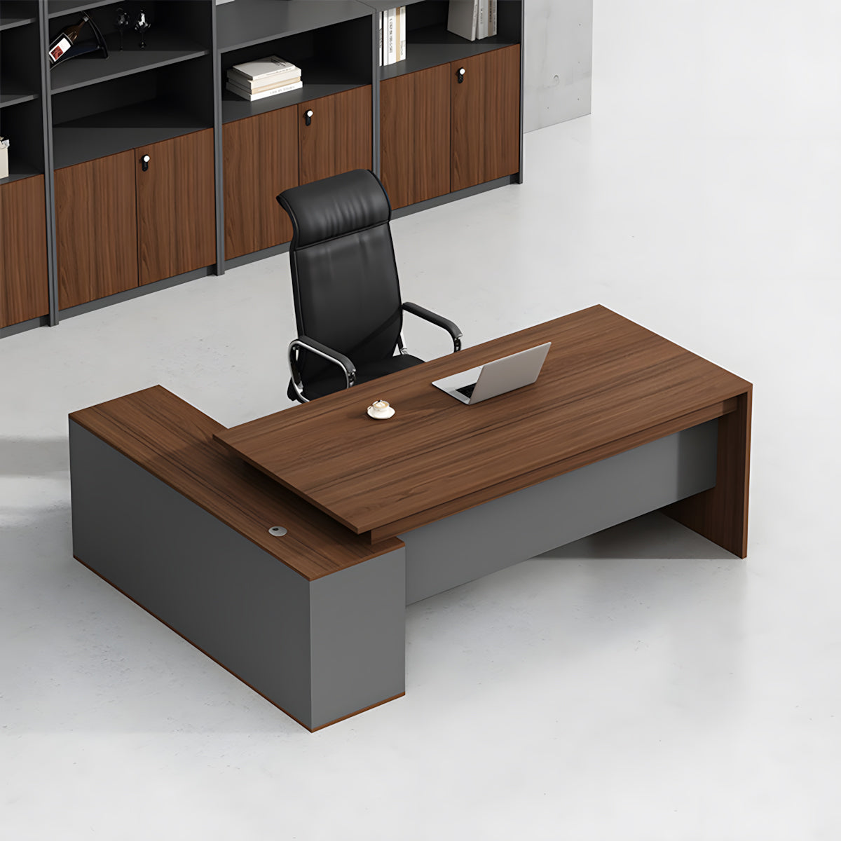 L-Shaped Executive Desk, front and side view, for executive office workspace, modern executive office furniture