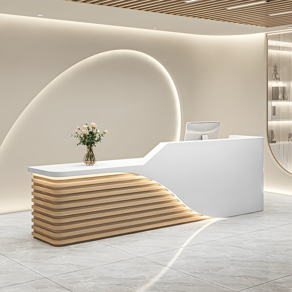 Modern Salon Reception Desk with Wood Grain Lattice Slat（Stock Items）