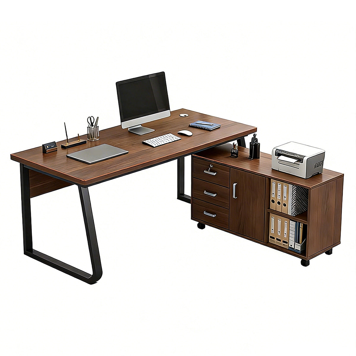 Sturdy Office Desk with Mobile Side Cabinet and Steel Legs for Workspace