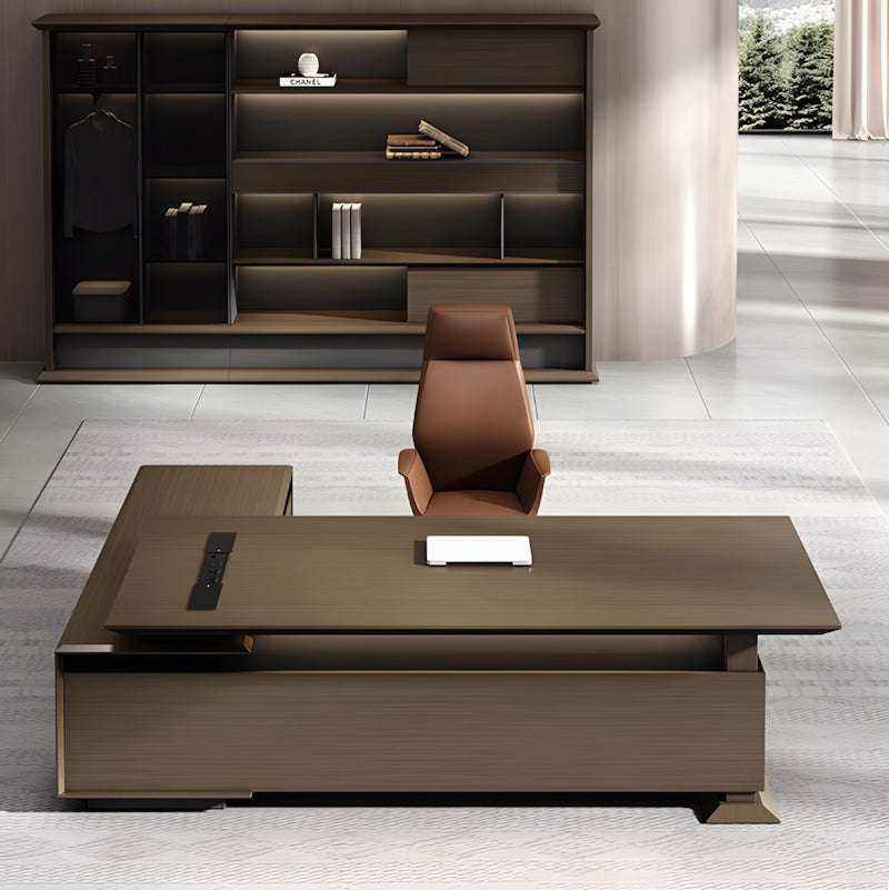 L-Shaped Executive Desk, office room scene, Italian-Style Luxurious Dark Brown L-Shaped Executive Desk With Spacious Desktop Design finish, for office...