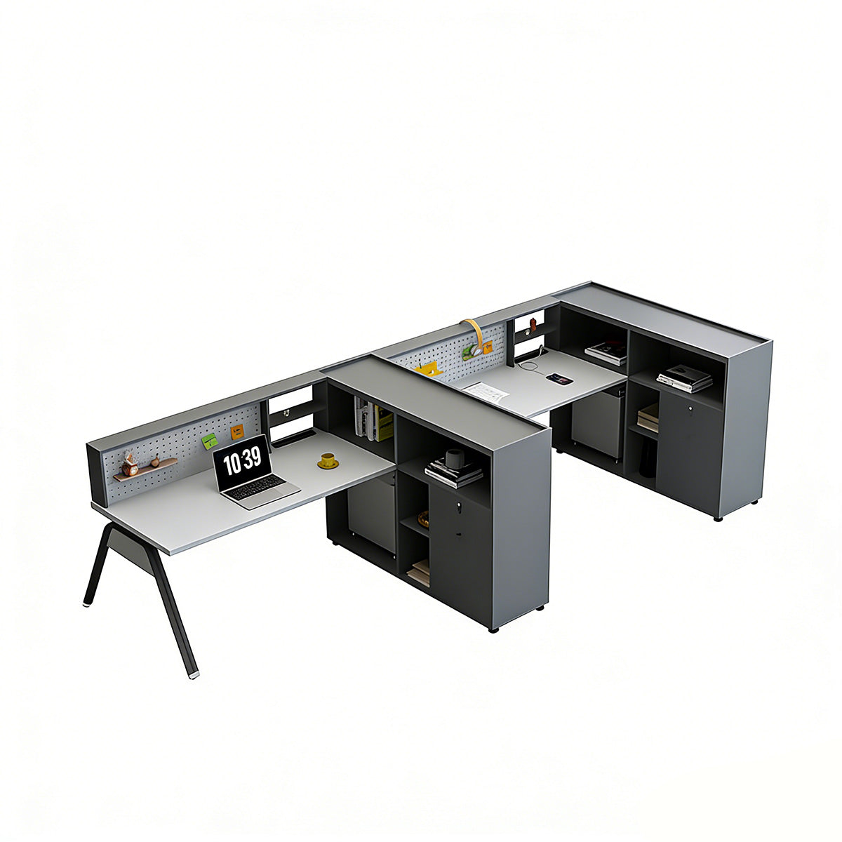 Sleek Office Desk with Integrated Power, Storage & Pegboard