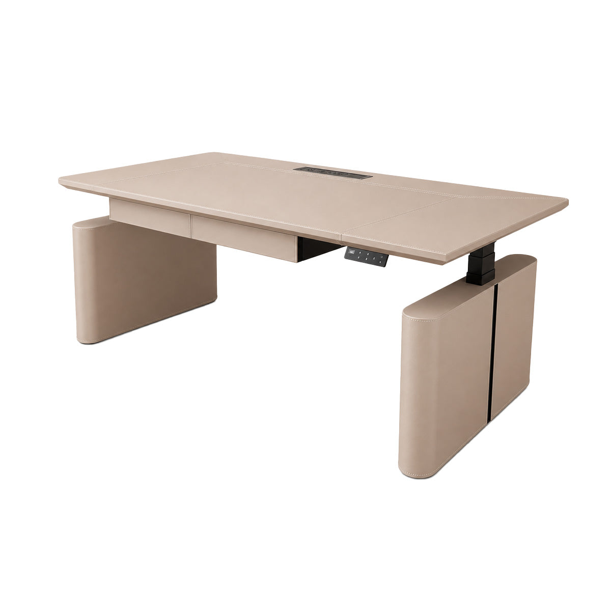 Electric Height-Adjustable Executive Desk with Power Hub and Saddle Leather Top