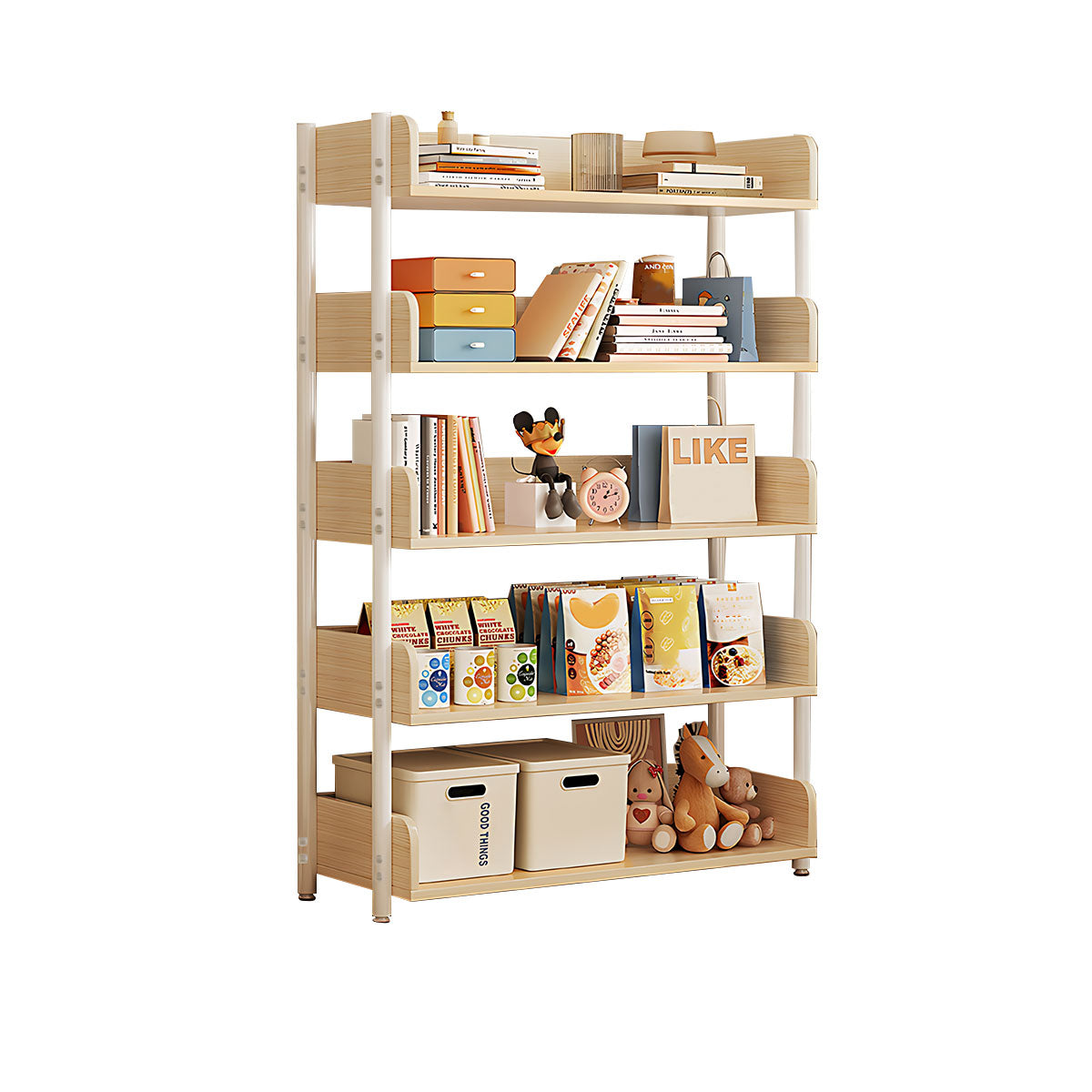 Minimalist Wood Bookshelf with Multi-Layer Storage and Anti-Fall Panels