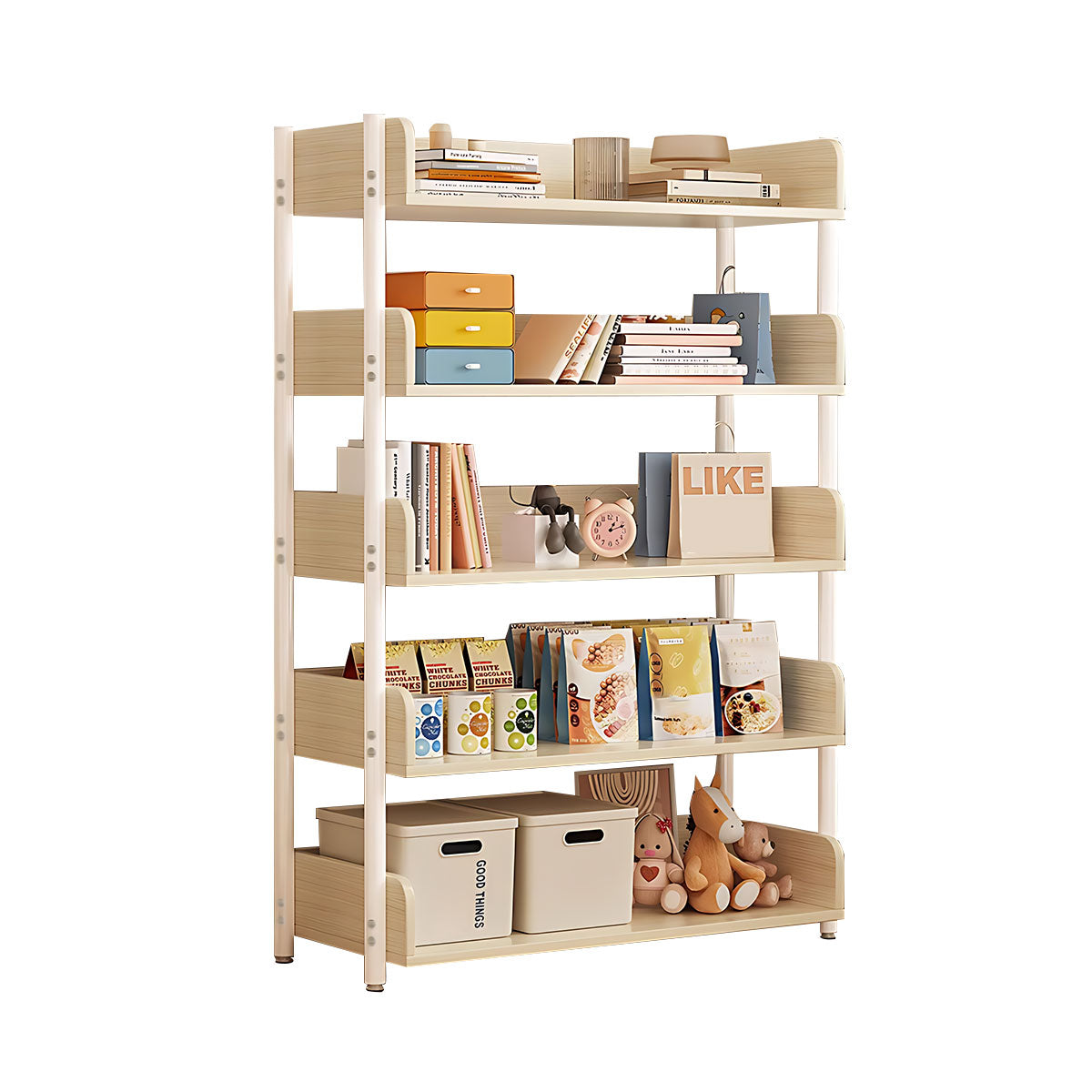 Minimalist Wood Bookshelf with Multi-Layer Storage and Anti-Fall Panels