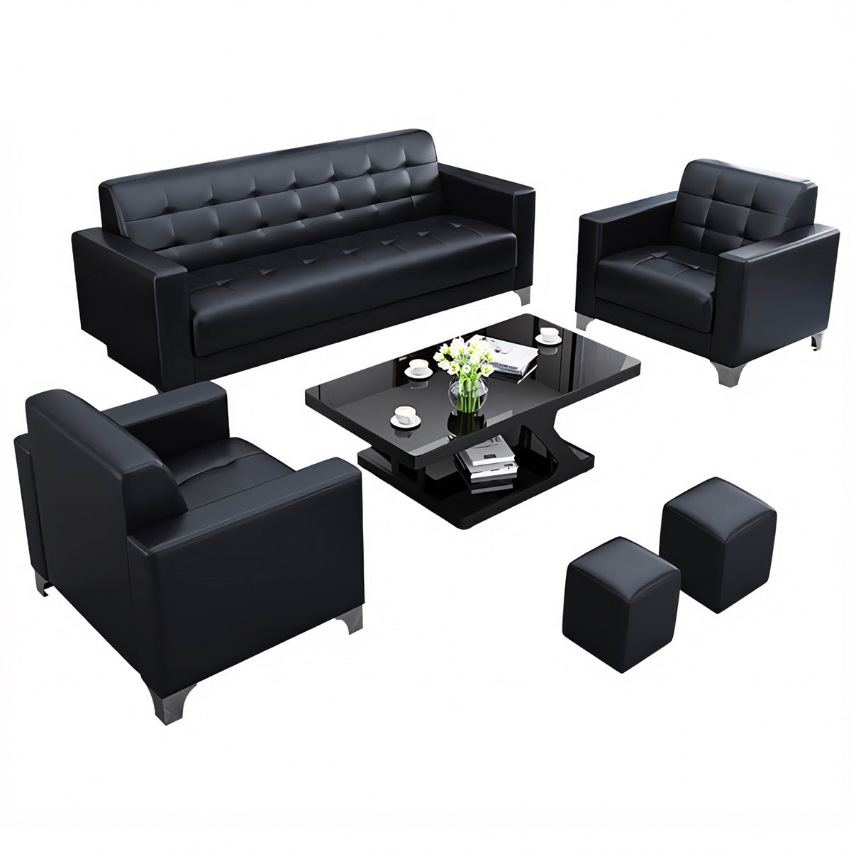 Simple Business Office Sofa in Genuine Leather, Black