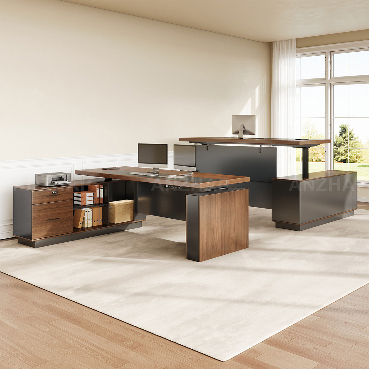 Height-Adjustable Executive Desk with Dual Motors, Power Hub, and Locking Storage（Stock Items）