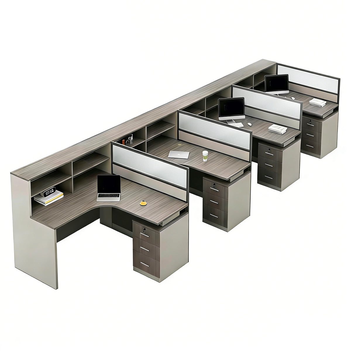 Minimalist Desk with Screen Dividers and High Cabinets