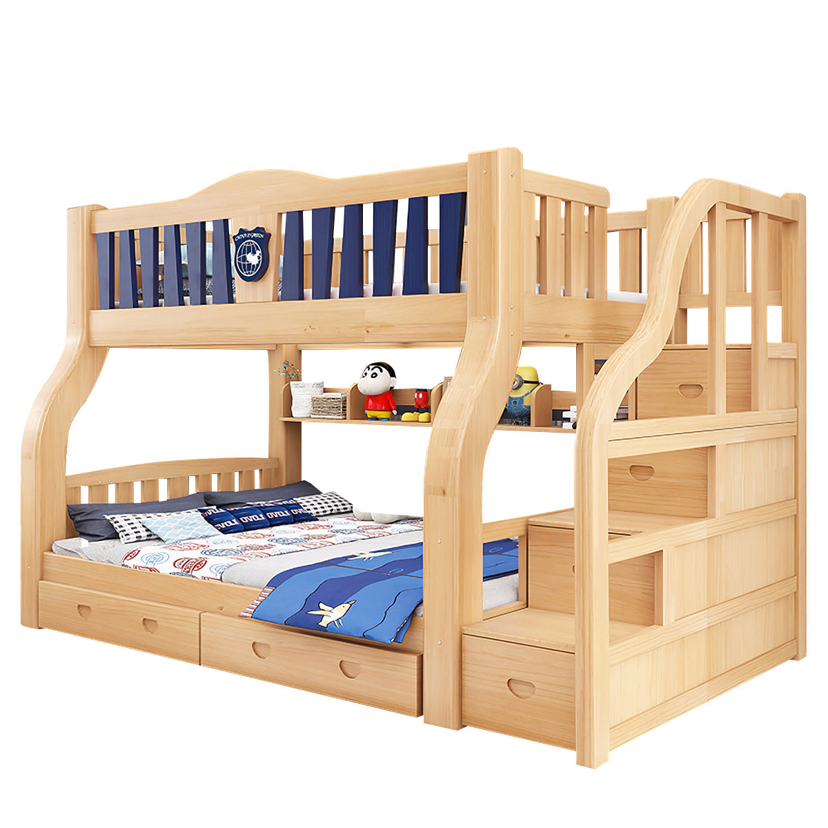 Solid Wood Kids' Natural Color Bunk Bed with Built-in Bookshelf（Stock Items）